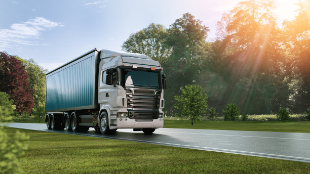 卡车行驶在乡村风景的道路上。3d，渲染，插图，图片下载