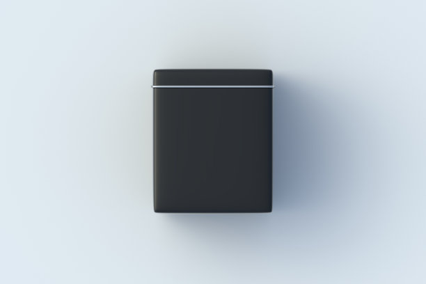 一个锡盒装茶叶，咖啡豆或其他散装产品，灰色背景。厨房配件。前视图。三维渲染图片下载