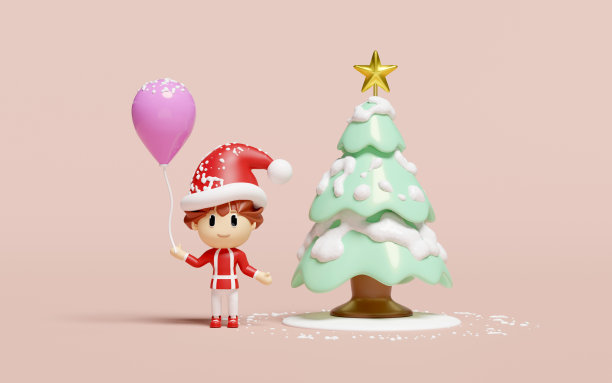 3d圣诞女孩拿着气球，绿色的圣诞树孤立在粉红色的背景。圣诞快乐，新年快乐，3d渲染插图图片下载