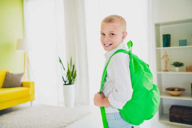 可爱可爱的小男孩小学生背包购物的照片肖像欢快的远程教学从家里到室内图片下载