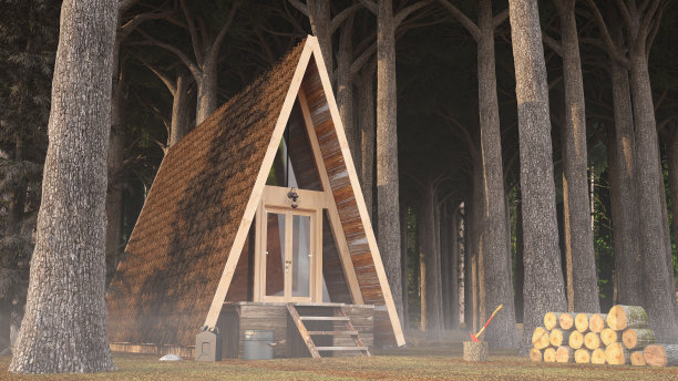 三角形木屋在树林里图片下载