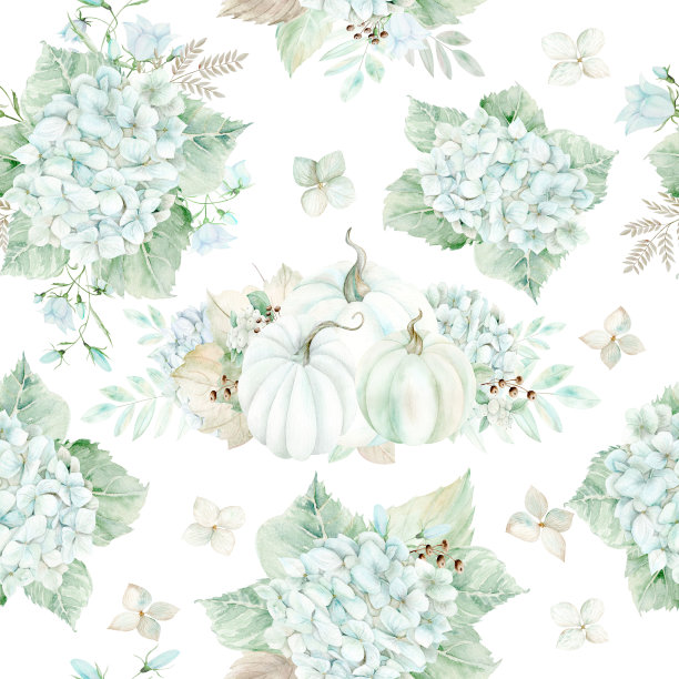 蓝色绣球花，白色南瓜，雪莓和野风铃花。白色背景上的无缝图案。水彩插图在柔和的颜色。这幅画是手绘的。适合制作卡片、请柬和纺织品。图片下载