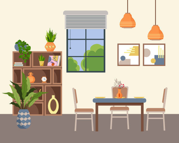 有窗户的房间内部。桌椅、碗碟、室内物品柜。图片下载