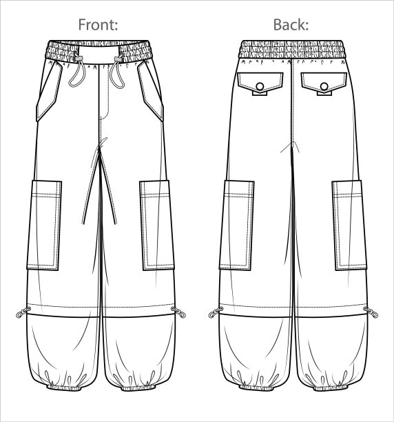 矢量女子羊毛慢跑者技术图纸，实用风格的裤子与腰带和侧口袋细节时尚CAD，模板，草图，平面。女工装裤，前后视图，白色图片下载
