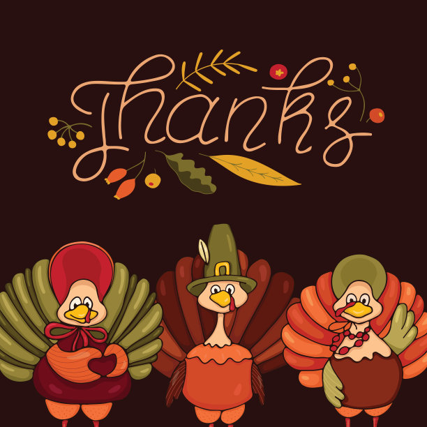 感恩节快乐。三只有趣的感恩节火鸡，上面写着“谢谢”。矢量插图。图片下载