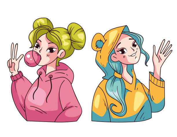 动漫女性可爱角色朋友群概念。矢量图形设计插图图片下载