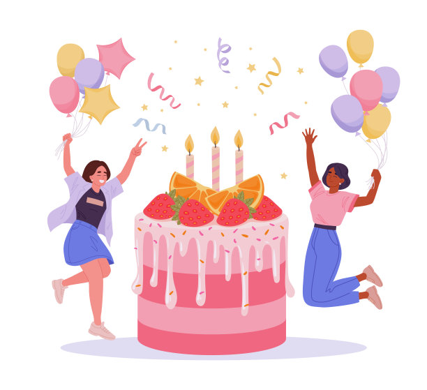 女孩们庆祝生日聚会。快乐的女性人物气球跳跃附近的大生日蛋糕平面矢量插图。生日派对庆典概念图片下载