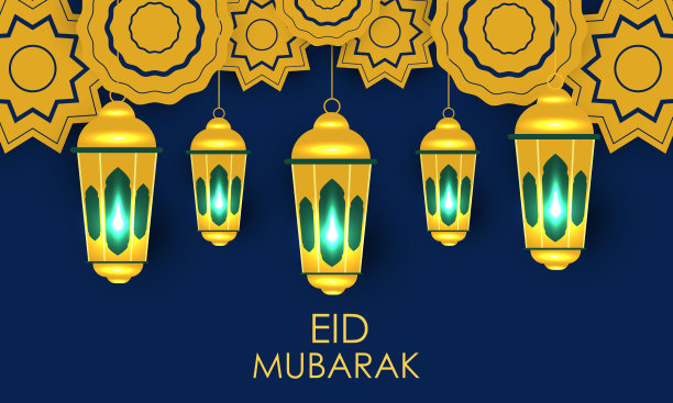 金色灯笼和星星装饰开斋节横幅设计图片下载