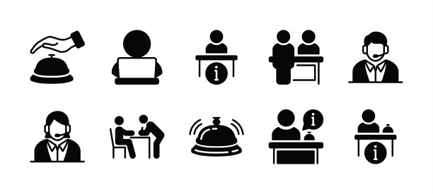 前台图标集。包括前台，酒店服务员，客服，柜台，问讯处，登记，预订，员工，客人，客户，助理，收银员。矢量图图片下载