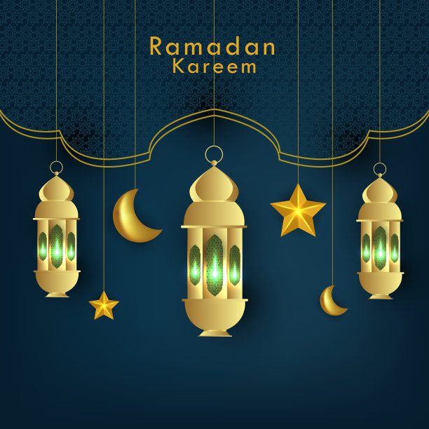 美丽的现实金伊斯兰斋月卡里姆设计背景与悬挂灯笼，月亮和星星图片下载