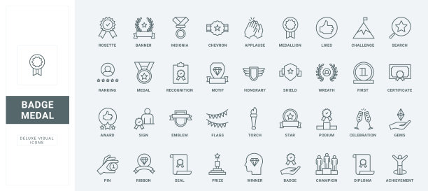 奖项和奖章，获胜者证书，奖励徽章为顶级地方线图标集图片下载