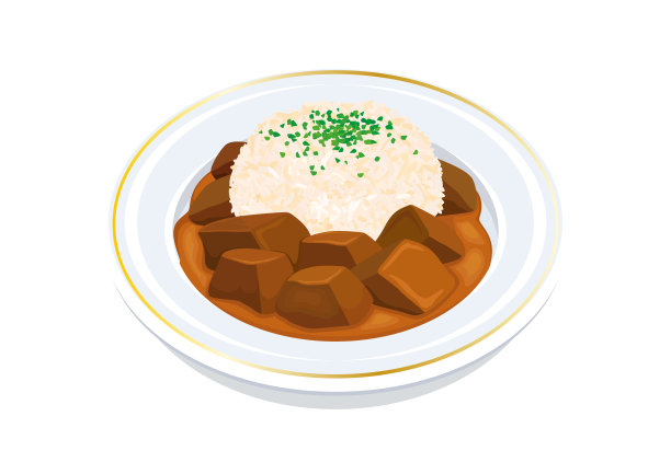 炖牛肉和米饭在一个盘子矢量插图图片下载