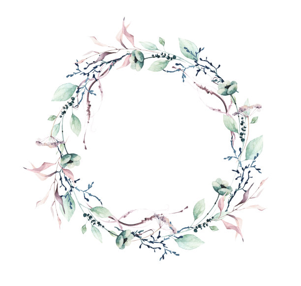 水彩花卉圆形框架。粉红色的花，蓝色的，绿色的野生草地和沼泽的小枝，苔藓枝，绿松石叶图片下载
