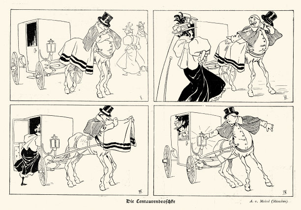 卡通出租车，出租车，由半人马拉着，复古插图，新艺术，青年风格，德国，19世纪90年代图片下载