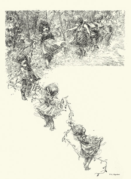 快乐的孩子跳舞，小女孩牵手，复古插图，新艺术，青年风格，德国，19世纪90年代图片下载