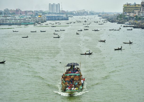 用船在繁忙的河道中运送牲畜图片下载