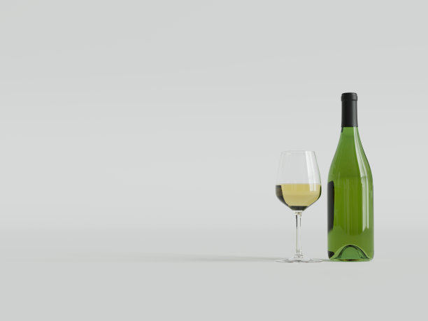现代3D插图白葡萄酒瓶与玻璃填充图片下载