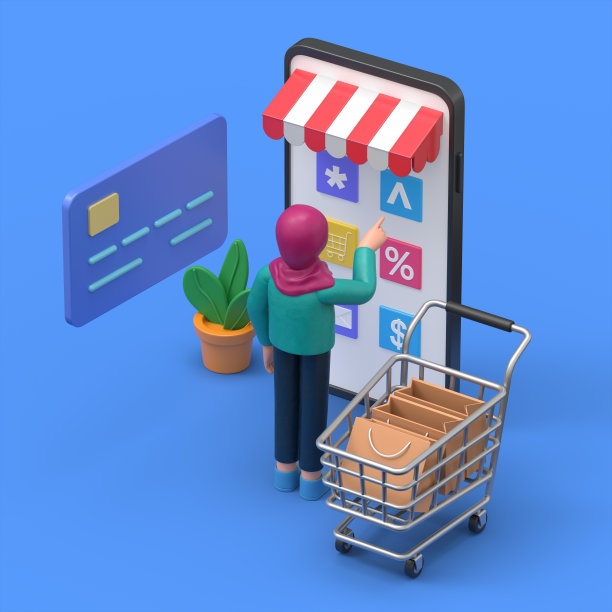 有个性的网上购物理念。可以用于网页横幅，信息图表，英雄形象。微笑的阿拉伯妇女galiyah的3D插图。蓝色背景的3D渲染。图片下载
