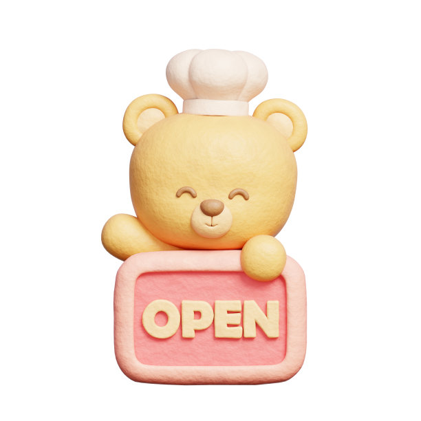 可爱的熊穿着厨师制服拿着打开的标志，3d渲染图片下载