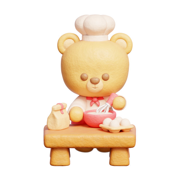 可爱的熊穿着厨师制服烹饪面包店，3d渲染图片下载