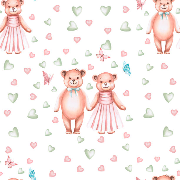 站着的男孩和女孩与气球和水彩插图在白色背景无缝图案。手绘插图睡觉的熊为婴儿壁纸，婴儿亚麻布，婴儿淋浴。图片下载