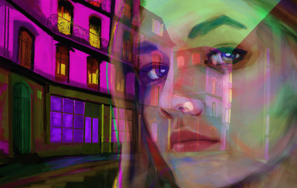 以城市街道为背景的半透明女性肖像图片下载