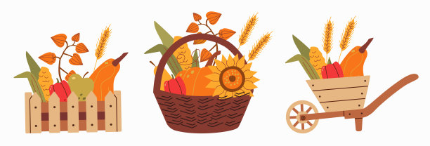 秋收插图，篮子和手推车装满了蔬菜和向日葵，非常适合季节性设计，贺卡和数字项目，温暖的秋天主题，色彩鲜艳图片下载