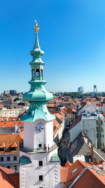 布拉迪斯拉发的无人机照片，斯洛伐克的圣迈克尔斯门和老城区。图片下载