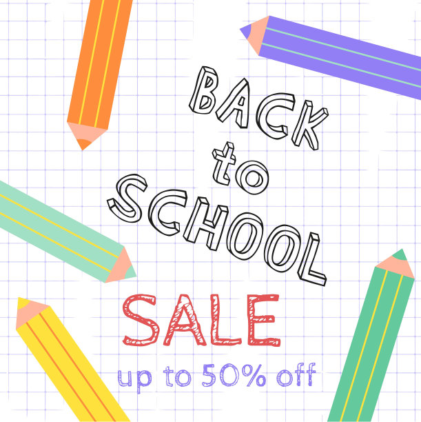 返校横幅销售。一个带铅笔的格子笔记本。彩色铅笔和彩色文字横幅，海报，背景。图片下载