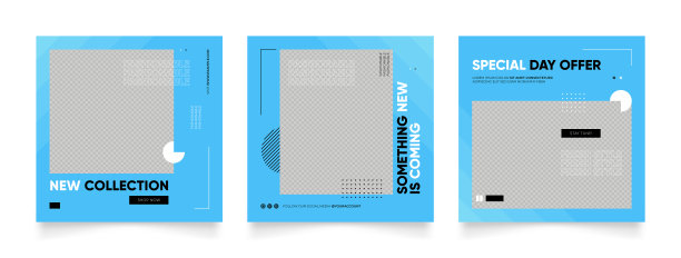 社交媒体模板横幅博客时尚促销。完全可编辑的方形柱框拼图有机销售海报。新鲜的蓝色元素形状矢量背景图片下载