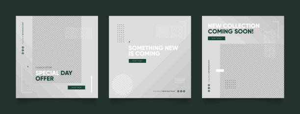 社交媒体模板横幅博客时尚促销。完全可编辑的方形柱框拼图有机销售海报。灰色绿色元素形状矢量背景图片下载