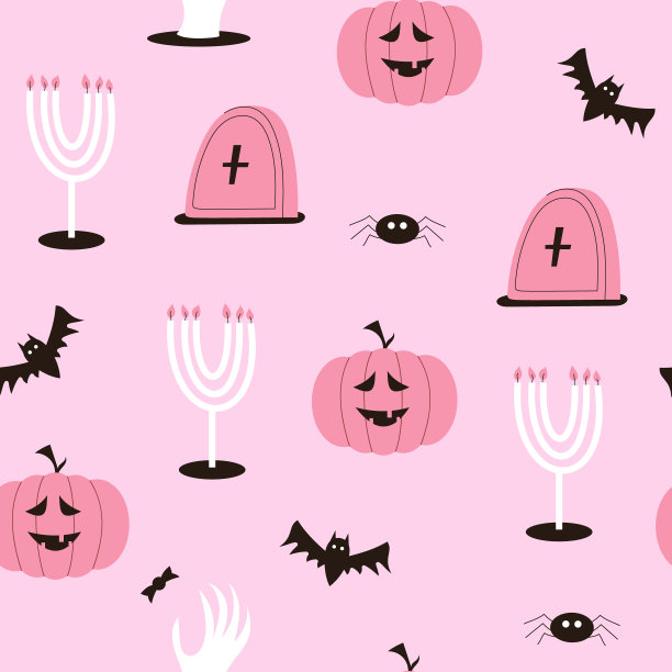 万圣节无缝图案。南瓜，蜡烛，棺材，大锅，蜘蛛。矢量图图片下载