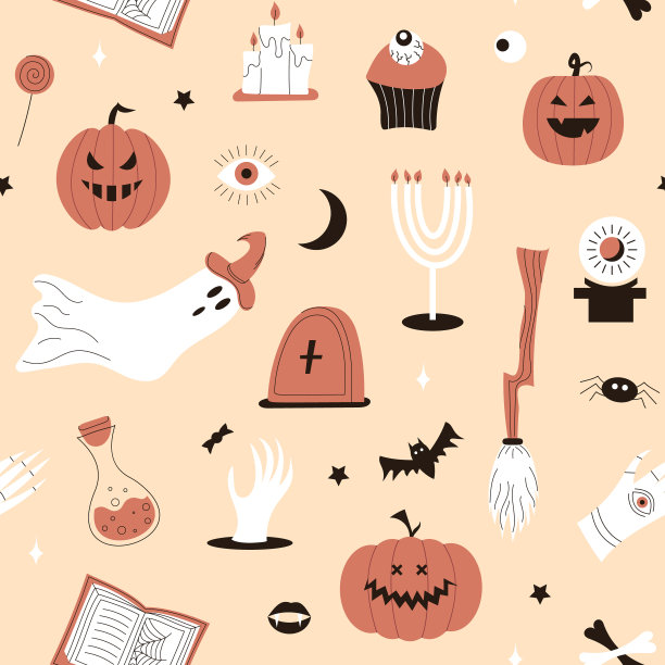 万圣节无缝图案。南瓜，蜡烛，鬼魂，坩埚，蜘蛛，眼睛，扫帚，书，药水，手。矢量图图片下载