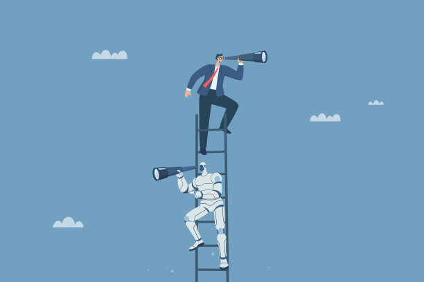 利用人工智能、人工智能支持寻找商业成功机会，商业领袖用双筒望远镜爬楼梯，用机器人寻找新的商业目标。图片下载