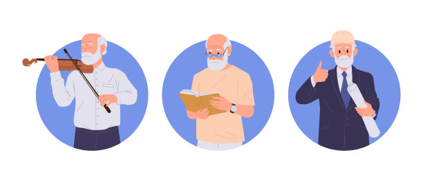 孤立的圆形构图集与老年成熟的卡通人物享受不同的活动图片下载