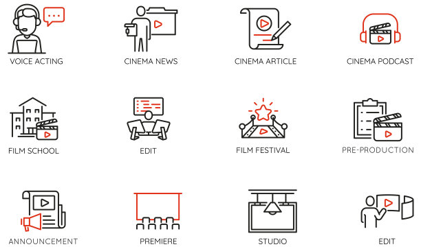 向量集线性图标相关的电影摄影，电影首映，电影院生产。单线象形图和信息图表设计元素图片下载