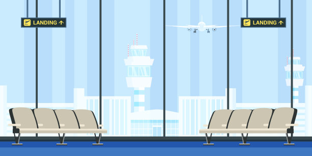 有椅子的机场候机室。等待大厅内部卡通矢量插图。监督时间表，到货计划。航空业。国际旅游、旅游、交通图片下载