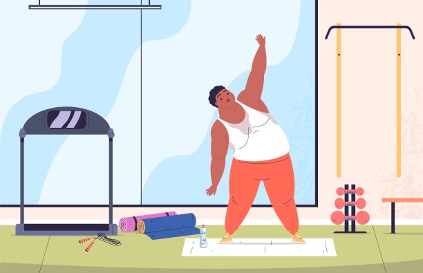 肥胖的人在健身房。脂肪出汗的家伙在体育俱乐部内部训练，胖乎乎的性格有氧运动超重损失积极健身锻炼，卡通经典矢量插图图片下载