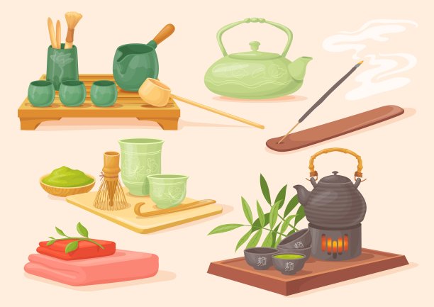 亚洲茶道。中国东方传统元素，热乌龙陶瓷马克杯，陶瓷茶壶草药产品服务禅意中国文化，整齐的矢量插图图片下载