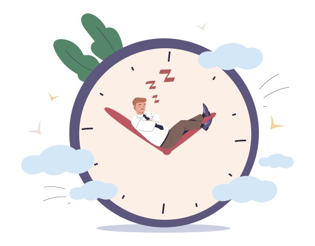 缓慢的生产率。无聊的商人困倦的员工休息时钟时间，懒惰的人工作倒计时损失效率管理纪律最后期限动机概念矢量插图图片下载