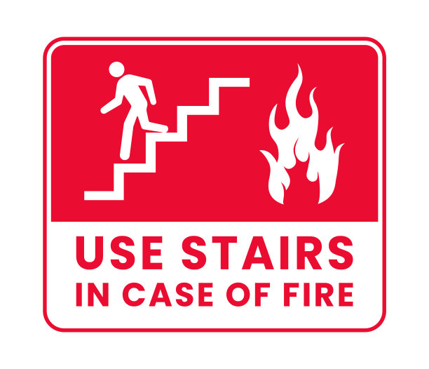 在发生火灾时使用楼梯。消防安全标志，通知，海报，贴纸，矢量图片下载