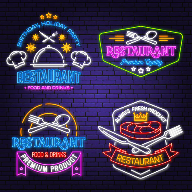 一套餐厅标志。矢量插图。霓虹灯招牌上有盘子，牛排，带盖的钟，叉和刀。烹饪，烹饪标志菜单餐厅或咖啡馆。图片下载