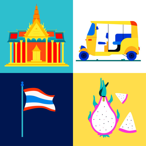 泰国旅游特色-一套平面设计风格的彩色插图图片下载