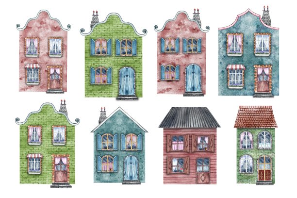 一套欧洲复古房屋。复古风格的可爱砖砌两层房子。这幅水彩画是手工绘制的。用于贴纸，儿童游戏，剪贴簿，包装和创意。图片下载