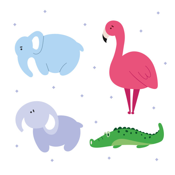 一套可爱的动物在手画平面风格。鳄鱼，火烈鸟，大象孤立在白色背景上。矢量插图。孩子们，幼稚的画面。农场，野生，动物园，森林动物。卡通。图片下载