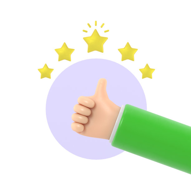 3D卡通手大拇指为成功或良好的反馈。五星评级。积极的概念和类似的符号。客户评价评分和客户反馈概念，白色背景3D渲染。图片下载