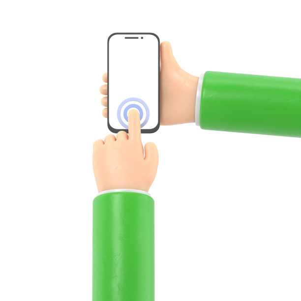 卡通手势图标模型。3d黑色皮肤的手触摸智能手机。卡通图标或使用手机的模型，白色背景的3D渲染。图片下载