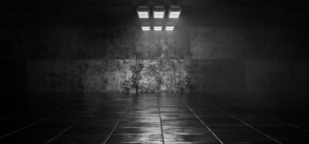 车库的背景。漆黑空荡荡的仓库。未来的仓库。金属瓦片的机库。工业背景。黑暗的未来走廊中间的灯。3 d渲染。图片下载