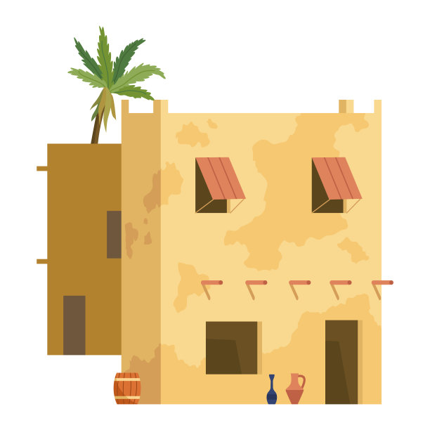 中东地区。阿拉伯沙漠里有传统的泥砖房。古老的建筑。平面矢量图图片下载