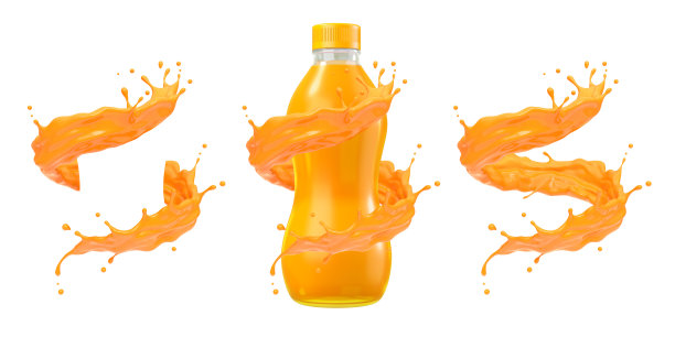 新鲜橙汁或芒果汁流动和飞溅的瓶子，剪辑路径，3D渲染图片下载